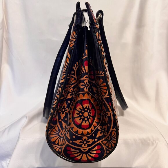 Shantiniketan Leather Indian Shoulder/Tote-Exclusive Batik Design Ethnic-Tan/Blu - Picture 9 of 16